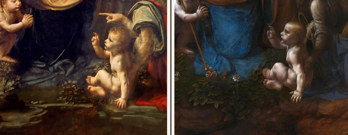 Vergleich von Felsen, Pflanzen und Vordergrund in beiden Fassungen der Felsgrottenmadonna